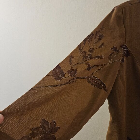 Pari passu Mustard brown fall midi Floral sheer sleeve Embroider Boho dress L - Picture 6 of 12